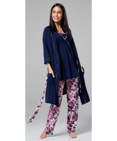 Happy Mama Maternity Nursing Nightwear Set - 3 Piece Navy and Ecru with Flowers | Pants, Top, Robe 558p - Buy Online on SooperMarket.com