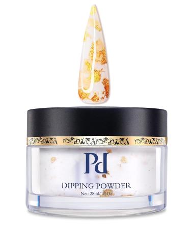 PrettyDiva Dip Powder for Nails Milky White Dip Powder - 24K Glow Dip Nail Powder 1Oz Milky White with Gold Foil Flakes Marble Dip Powder for Salon Manicure