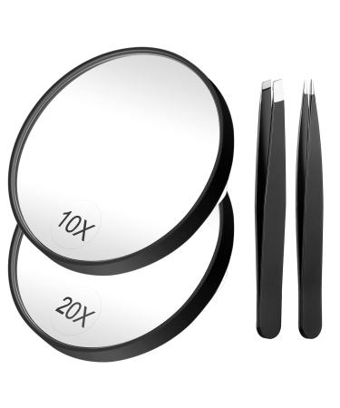 Funtopia Magnifying Mirror and Tweezers Kit 20X/10X Magnifier Compact Mirrors with 2 Suction Cups Travel Mirror for Makeup Eyebrow Tweezing Blackhead Blemish Removal (3.5 Inch Black)
