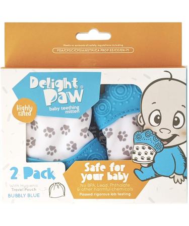 Delight Paw Baby Teething Mitten | Self-Soothing Pain Relief for Babies Over 3 Months | BPA-Free | Mom Designed | Includes Hygienic Travel Bag | 2 Pack Bubbly Blue - Buy Online on SooperMarket.com