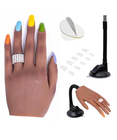 Silicone Nail Practice Hand for Acrylic Nails, Professional Upgrade Mannequin Hands for Nails Practice with Adjustable Bracket, Life Size Fake Hand with 50pcs Nail Tips(Left Hand, Dark brown) Left Hand Dark brown