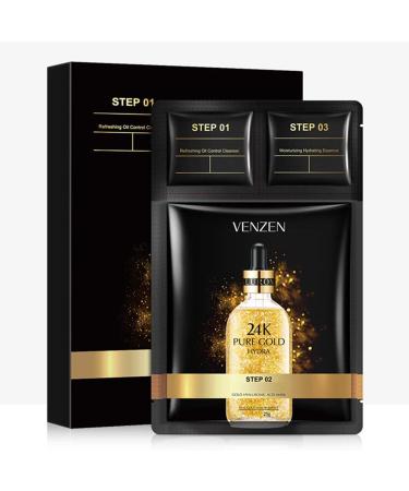 VENZEN 3 Steps 24k Gold Hyaluronic Acid Mask Refreshing Oil Control Cleanser Moisturizing Hydrating Essence 5 PACK