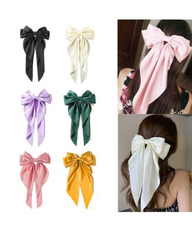 Satin Hair Bow Clips for Women Girls Hair Scarf Ribbon Bowknot Clips Long Bow Tails Hair Barrettes Silky Elegant French Clips for Thick Hair Large Big Hair Bows Clips Hairpin Accessories (6pcs) 6pcs Silky Bow Clips