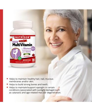 Nutridom Daily Multivitamin for Women over 50 with Beta-carotene Vitamin A D3 E C B K2 Biotin Calcium Magnesium Zinc Iodine Manganese Pottasium Copper Chromium Selenium Molybdenum Lutein Choline L-Methionine Inositol (60 Vegan capsules) - Buy Online on SooperMarket.com
