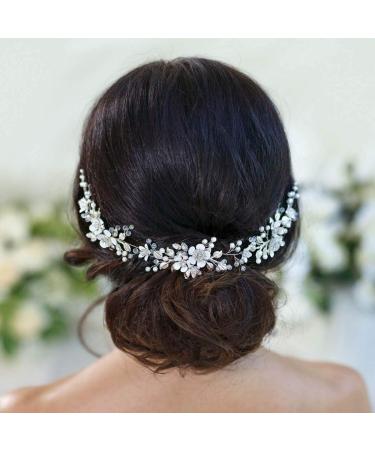 Handcess Flower Wedding Hair Vines Silver Pearls Crystal Headpieces Leaves Rhinestone Bridal Hair Accessoreies for Women and Girls