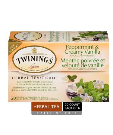 Twinings Peppermint & Creamy Vanilla Herbal Individually Wrapped Tea Bags | Naturally Caffeine-Free | Smooth & Creamy Vanilla Flavoured Tea | 20 Count (Pack of 6) | Enjoy Hot or Iced Peppermint & Creamy Vanilla 20 Count (Pack of 6)