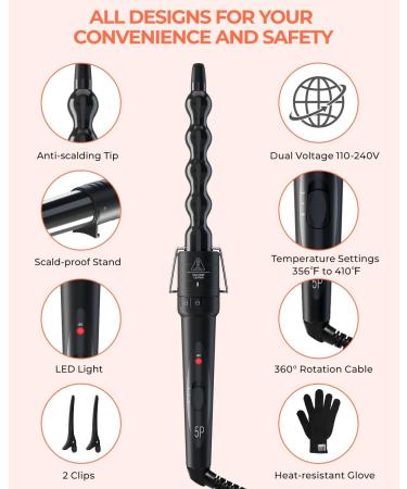 5 in 1 Curling Iron Wand Set Ohuhu Upgrade Curling Wand 5Pcs 0.35 to 1.25 Inch Interchangeable Ceramic Barrel Heat Protective Glove Dual Voltage Hair Crimper for All Hair Type Black - Buy Online on SooperMarket.com