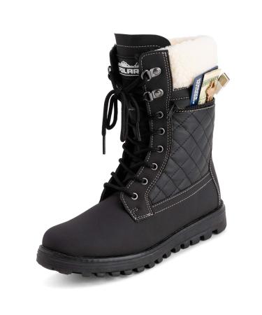 POLAR Womens Memory Foam Outside Pocket Inside Zip Thermal Waterproof Deep Tread Rubber Sole Snow Boots 7 Black Leather/Beige Shearling