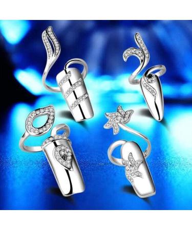 4 PCS Rhinestone Finger Tip Nail Rings - Adjustable Opening Nail Art Charms in Silver Women's Fashion - Buy Online on SooperMarket.com