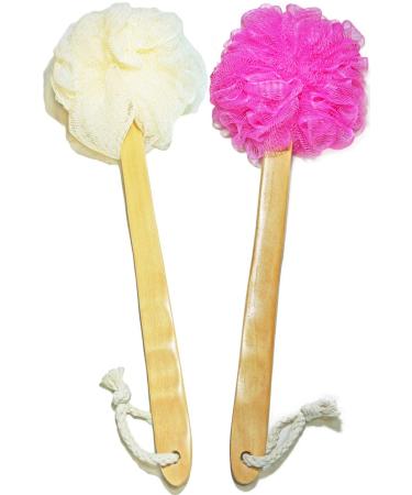 Shower Loofah Body & Back Scrubber - Exfoliating Loofah Bath Brush On a Stick - With Long Wooden Handle Back Brush For Men & Women - Easy Reach Body Wash & Lotion Applicator( 2 PACK- White&Red)