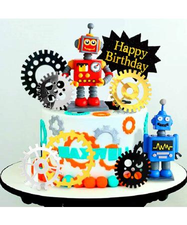 JeVenis Robot Cake Topper Robot Happy Birthday Cake Decoration Gear Cake Topper Robots