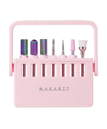 Makartt Drill Bit Holder For Nail Drill Bits Organizers and Storage Case for Nail Bit and Nail Tech Supply Tool Display Upgrade 7 Anti-Slip Holes Detachable Stander- Pink (Not Inlcude Drill Bits)