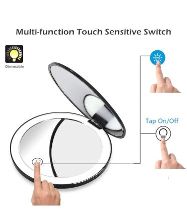 Portable Lighted LED Makeup Mirror 7X/1X Magnification | USB Rechargeable Compact Vanity Mirror with Dimmable Lights - Black - Buy Online on SooperMarket.com