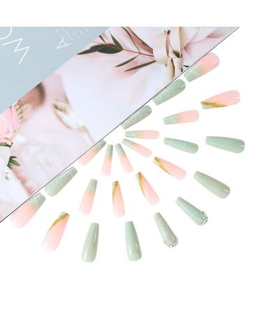Brishow Coffin Artificial Nails - Long Pink Green Bellarina Acrylic Press-On Nails - 24pcs for Women & Girls | International Shipping - Buy Online on SooperMarket.com
