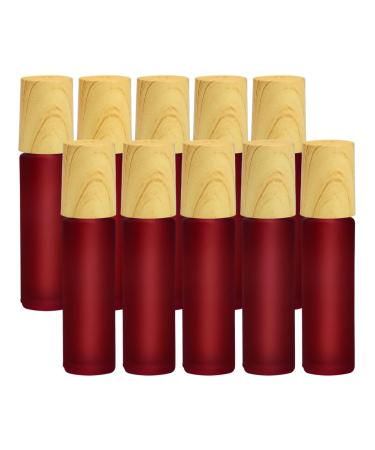 Frosted Glass Essential Oil Roller Bottles 10pcs Red Frosted Glass Roller Bottles with wood grain cap & Stainless Steel Roller Balls Essential Oil 10ml Empty Perfume Bottles(Red)