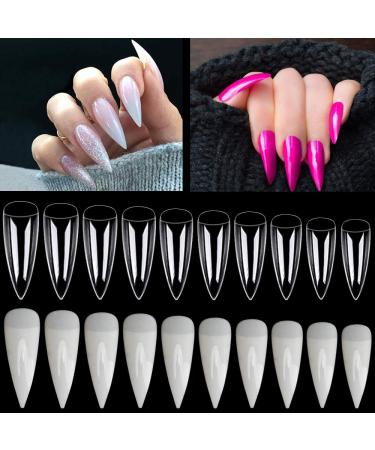 No lifts 1200PCs full cover apartment stiletto form French false nail tips 10 sizes acrylic counterfeit long griffan nails artificial nail art finger tips for salon mani pedi nail design clear & natural
