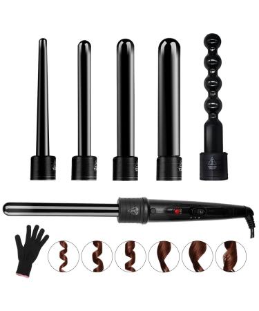 6 in 1 Curling Iron Wand Set with 6 Interchangeable Ceramic Barrels and Heat Protective Glove (Black-6in1) (Black-6)