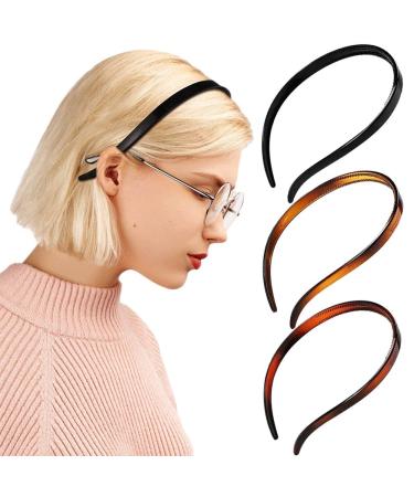 BIKCZEWIN 3 Pieces No Slip Headbands for Women Girls with Glasses Flex No Pressure Skinny Teeth Comb Plastic Hair Loop Hair Accessories Hair Band