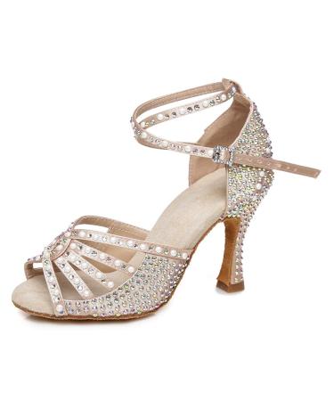 JUODVMP Women's Rhinestone Latin Dance Shoes Satin Ballroom Party Salsa Dance Performance Shoes YCL430 6.5 L430-nude-3 Inch Heel