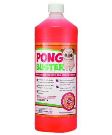 Pong Buster Pet Odour Eliminator Disinfectant and Deodoriser. 1 Litre Bottle Concentrate. Indoor Floor Surface and Carpet Freshener and Cleaner. Dog and Cat Odour Remover for your Home.