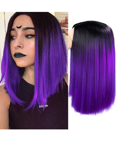 HANNE Ombre Black to Purple Bob Wig Shoulder Length Bob Hair Short Straight Hair Bob Wigs for Women Ombre Purple Bob Wig (Ombre Purple) 1 Ombre Purple