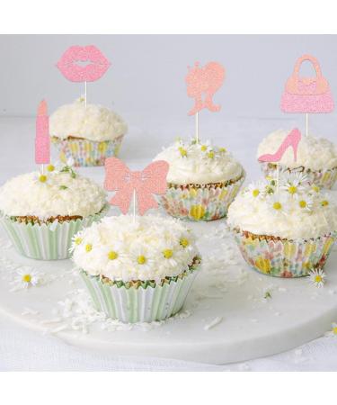 24 PCS Hot Pink Girl Cake Toppers - Glitter Princess Birthday Cupcake Decorations - High Heel Lipstick bowknot Cupcake Picks for Wedding Baby Shower Anniversary Girl Birthday Themed Party Supplies - Buy Online on SooperMarket.com