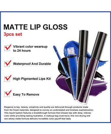 Go Ho Matte Lipstick Set - Waterproof Long Lasting Lip Gloss Trio in Black, Blue, and Purple | Nude Lip Tint Stain Makeup - 3PCS Matte Colors - Buy Online on SooperMarket.com