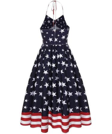 Womens Swing Dress American Flag Print Halter Backless A Line Pleated Flowy Independence Day Casual Dresses - XX-Large Blue - Buy Online on SooperMarket.com