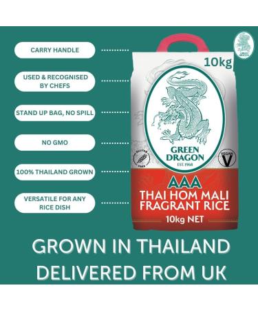 T&L Green Dragon Thai Jasmine Fragrant AAA Rice 10kg - | Delicate Jasmine Aroma | Long Aromatic Grains | Versatile for Various Cuisines | Ethically Sourced Farming | Nutrient-Rich | Gluten-Free - Buy Online on SooperMarket.com