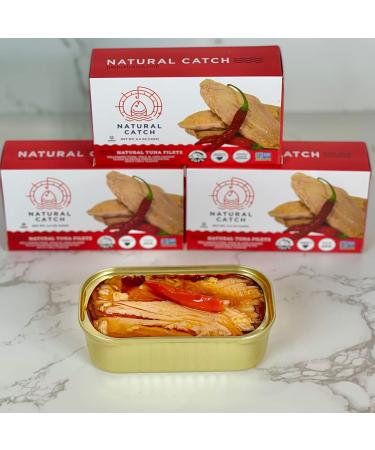 Natural Catch Tuna Spicy Yellowfin Filets - High Quality Pole & Line Caught Tuna in Olive Oil and Spicy Chili's - 130 Calories - Gluten-Free, Paleo, Keto Friendly - 4.4 oz Can - Buy Online on SooperMarket.com
