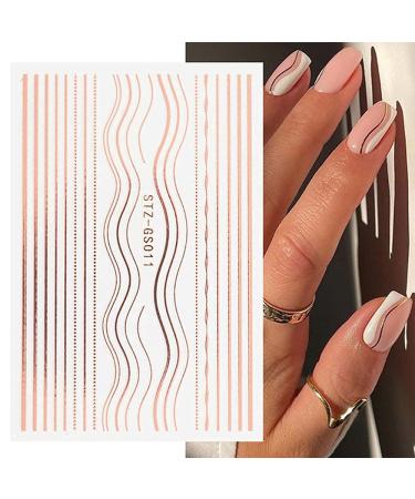 3D Rose Gold Metal Nail Stickers - Self-Adhesive Nail Art Decals for DIY Manicure | 8 Sheets of Stripe Lines & French Tips - Buy Online on SooperMarket.com