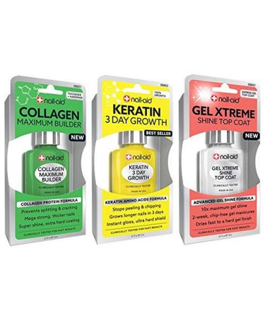 NAIL-AID Collagen Base + Keratin Growth + Gel Top Coat, Clear, 3 Count