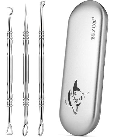 BEZOX Blackhead Remover Tools Pore Extractor Kit Set of 3 Stainless Pimple Popper Facial Tools with Metal Storage Case 3 pcs 1.0