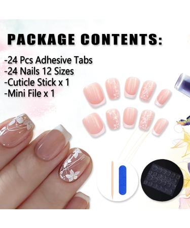 Shop French Tip Press On Nails - Short Square Floral Acrylic Nails for DIY Manicure | 24 Pcs Glossy Glue-On Fake Nails for Women & Girls - Buy Online on SooperMarket.com