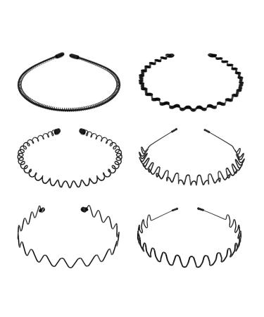 MapofBeauty Metal Hair Bands Hoop 6 pieces Wavy Spring Headbands Non Slip Sports Fashion Headwear Accessories (Black)