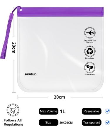 ECOHUB Airport Security Liquids Bags - 2 Pack Clear Travel Toiletry Bags with Strap - Airline Approved - Purple - Buy Online on SooperMarket.com