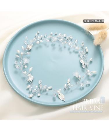 EASEDAILY Silver Leaf Flower Bride Wedding Hair Vine with Pearl Accents - 15.7inch Headpiece for Women and Girls - Buy Online on SooperMarket.com