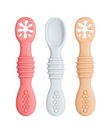 Vicloon Baby Fork and Spoon Set 3Pcs Silicone Spoon Baby Weaning Spoon Set Self Feeding Utensil Easy Grip Toddler Cutlery Kit Soft Baby Spoon for Infant Toddler (Grey/Orange/Pink)