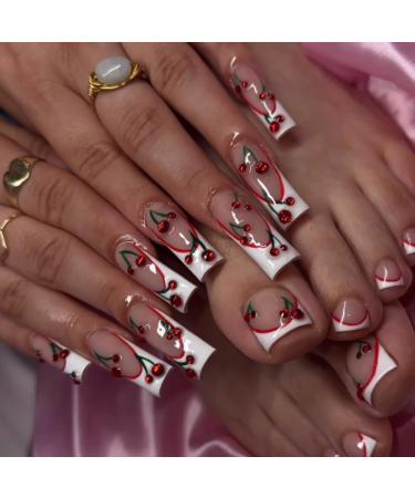 White French Tip Fake Nails Long Press on Nails Square Acrylic Red Cherry Glue on Nails Rhinestones False Nails with Designs Full Cover Artificial Glossy Stick on Nails for Women Girls 24Pcs long fake nails2