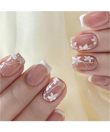 French Tip Press on Nails Short Square Flowers Fake Nails with Designs White French Tip Flowers Acrylic Nails Supply Glossy Artificial Nails Glue on Nails for Women Girls DIY Manicure 24 pcs Flowers 1