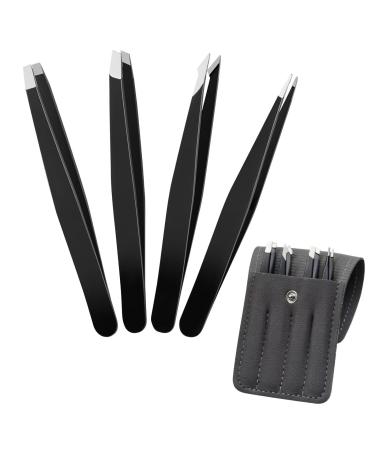 4Pcs Tweezers for Facial Hair Women Stainless Steel Eyebrow Tweezers Set for Ingrown for Men & Women (Black)
