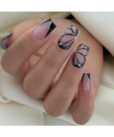 24PCS Square French Short Press on Nails Reusable Gloss Black Fake Nails with Rhinestone Designs Nails for Women and Girls 21