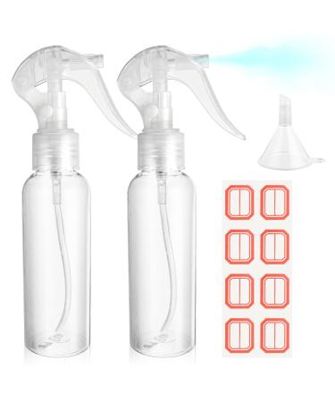 WLLHYF 2 Pack Small Spray Bottles 3.5oz/100ml Plastic Hair Spray Bottle Clear Empty Travel Bottle Fine Mist Reusable Liquid Container for Salons Essential Oils Water Squirt with Funnels Labels