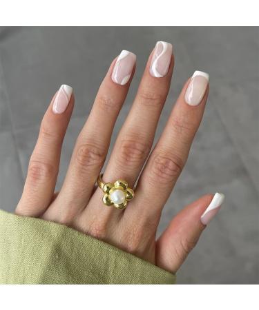 Sethexy French Short Square False Nails Collection Fashion Press on Nails Glossy Fake Nails 24Pcs Acrylic Stick on Nail Tips White Swirl