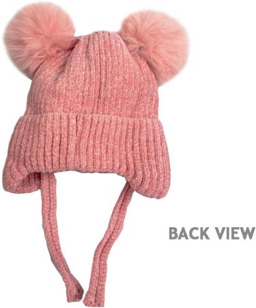 Cute Bear Kids Winter Hat | Dual Pom-Pom Ear Flaps | Fleece Lined Earflap Cap for Boys & Girls 1-5 Years | Chenille Knitted Warm Hat | Toddler Cold Weather Beanie - Pink - Buy Online on SooperMarket.com