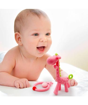 Soothing Giraffe Silicone Baby Teether Toy - Easy to Hold & Clean, Pain Relief for Infant Sore Gums (Pink) - 3 Months - Buy Online on SooperMarket.com