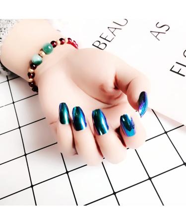 24pcs Mirror Holographic Chrome Coffin False Nails - Beautiful Glitter Chameleon Effect - Buy Online on SooperMarket.com