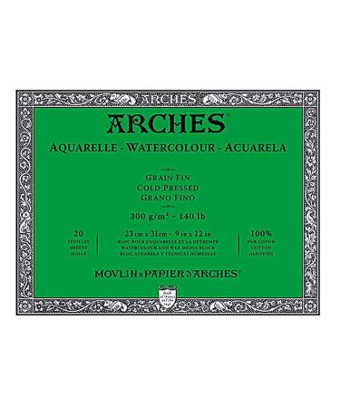 Arches Watercolor Block 9x12-inch Natural White 100% Cotton Paper - 20 Sheets of Arches Watercolor Paper 140 lb Cold Press - Arches Art Paper for Watercolor Gouache Ink Acrylic and More 9"x12" Cold Press
