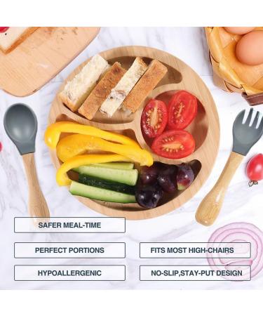 77 Star Bamboo Baby Weaning Set - Suction Bowl, Plate, Spoon & Fork | Non-Slip Baby Feeding Set with Detachable Suction Base | Grey Color - Buy Online on SooperMarket.com
