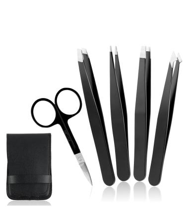 4 Eyebrow Tweezers and 1 Scissors Set Eyebrow Tweezers Stainless Steel Pointed Tweezers Straight Slicker Tip Tweezers for Removing Blackheads Ingrown Hair